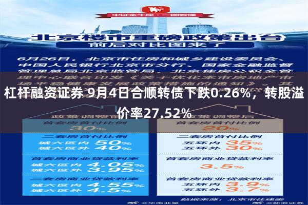 杠杆融资证券 9月4日合顺转债下跌0.26%，转股溢价率27.52%